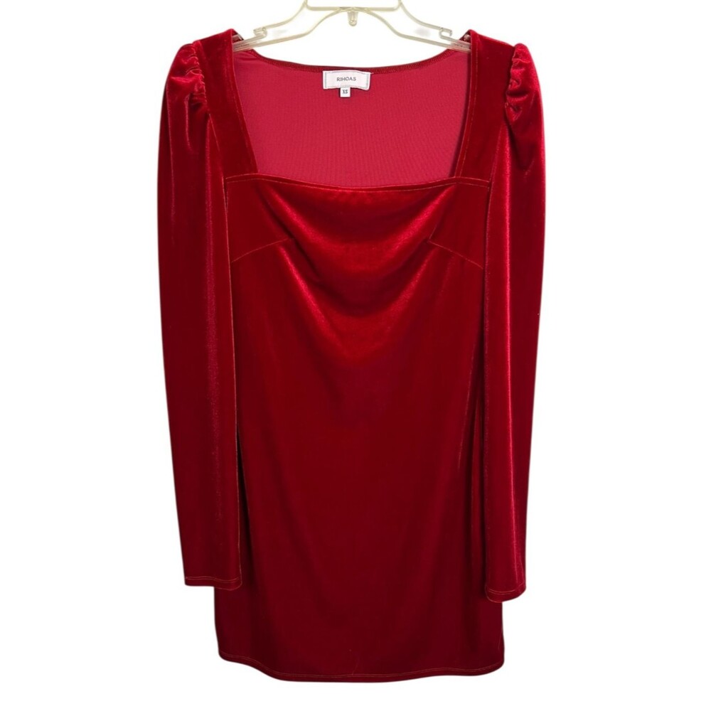 Rihoas Long Sleeve Red Stretch Velvet Mini Dress Size XS NYE Holiday Party